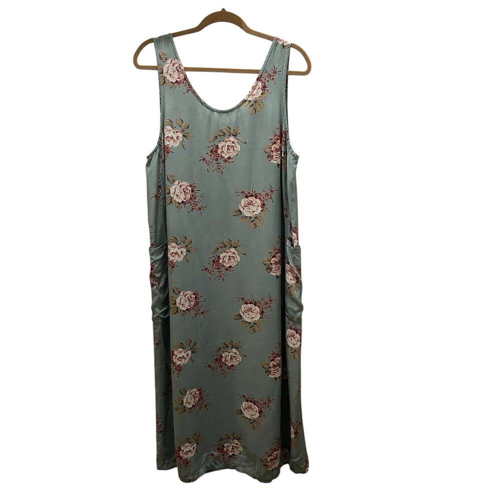 First Bloom Green Blue Pink Floral Sleeveless Midi Dress Pockets Womens Size M